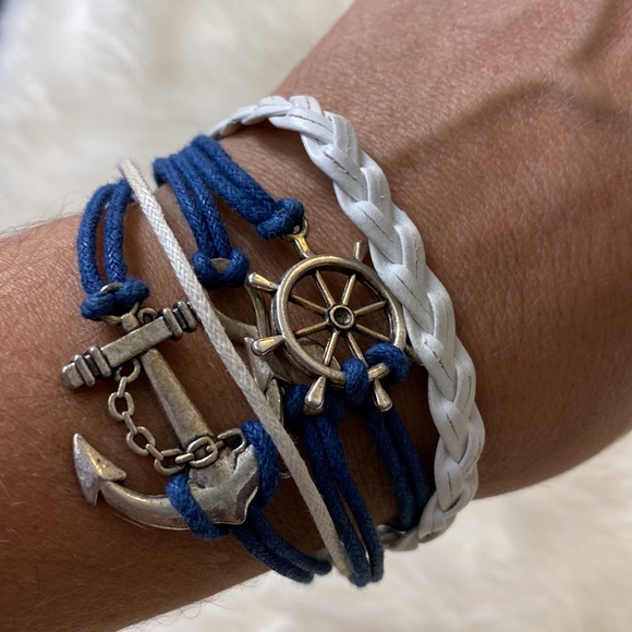 Vintage Silver Ship Rudder Anchor Infinity Bracelet Multilayer Braided Blue Whit - Picture 16 of 16